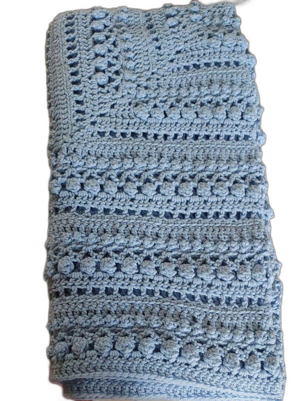 VTG Handmade Blue Crochet Blanket, Textured Bobble Stitch Heirloom Throw, 50x50